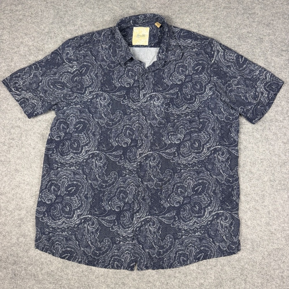 Tasso Elba Island Short Sleeve Button Silk Linen Shirt Navy Blue Paisley Men XL